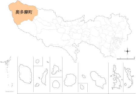 東京都の中で奥多摩町の場所を示す地図