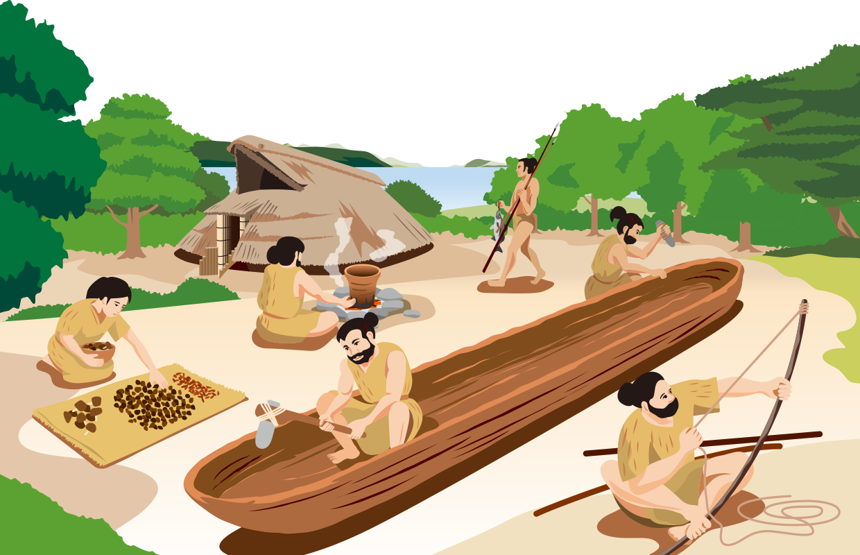 何千年も昔の人々が家や船、弓や釣竿、斧の持ち手などを木で作り、木の実を食料にしている日常風景のイラスト
