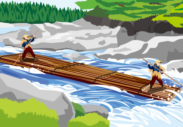 木材を運ぶために筏に組み、前後に一人ずつ乗って、川を下る様子のイラスト