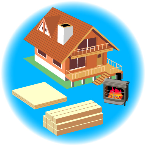 住宅や薪ストーブ、板、柱などの木材利用のイメージ図